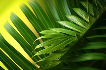 Fototapeta na wymiar a close up of a green leaf on a yellow and green background with a blurry image of the leaves of a palm tree in the foreground. generative ai