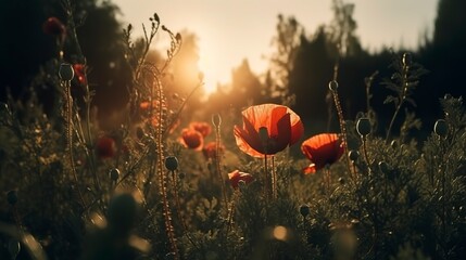 Obraz na płótnie Canvas A stunning photo captures the golden hour in a field of radiant red poppies, symbolizing the beauty, resilience, and strength of nature, generate ai
