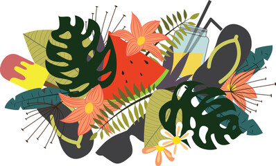 Contemporary design to welcome summer with exotic plants, fruit, summer elements. Floral summer collage 