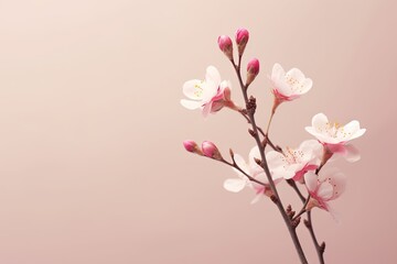 Obraz na płótnie Canvas a branch with white and pink flowers against a light pink background with copy - up space for a text message or a photo or image. generative ai