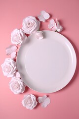 Mother's Day concept. Top view vertical photo of white empty circle fresh peony roses and sprinkles on isolated light pink background with blank space, generate ai