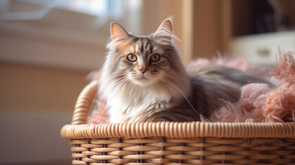 Generative A.I. copy space, cute adorable Norwegian Forest Cat lying in a basket. Adorable cat, cute animal, cute pet,awesome, Royal, proud.