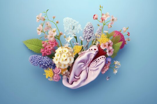 Human pancreas with flowers, pastel colors, on blue background, 3d render and illustration, generate ai