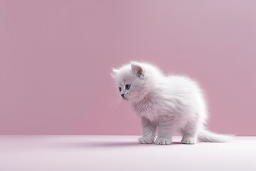 Fototapeta na wymiar a small white kitten sitting on top of a pink floor in front of a pink wall and a pink background with a white cat on it's head. generative ai