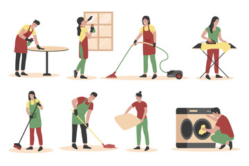 Home cleanup people vector collection set. Illustration for website, landing page, mobile app, poster and banner. Trendy flat vector illustration
