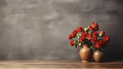 White vase with Red Rose on the table with blank wall copy space. AI Generative Image 