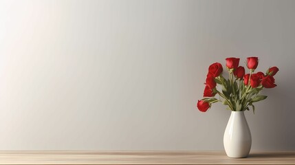 White vase with Red Rose on the table with blank wall copy space. AI Generative Image 