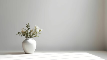 White Vase with plant with blank grey wall for copy scape 