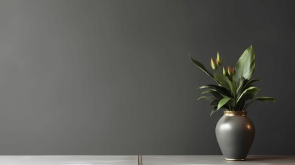 White vase with Red Roses on the table with blank wall copy space. AI Generative Image 
