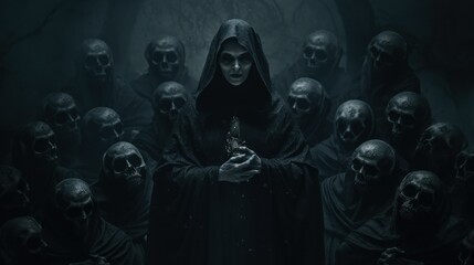 Dark satanic possessed nun surrounded by skulls in a nightmare - obrazy, fototapety, plakaty