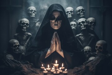 Dark satanic possessed nun surrounded by skulls in a nightmare