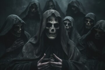 Fototapeta na wymiar Dark satanic possessed nun surrounded by skulls in a nightmare