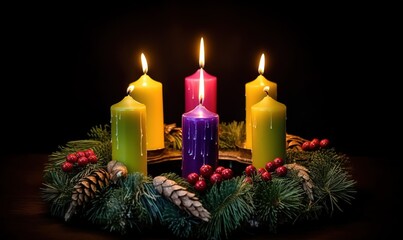 holy candles on a wooden table lit in red and purple