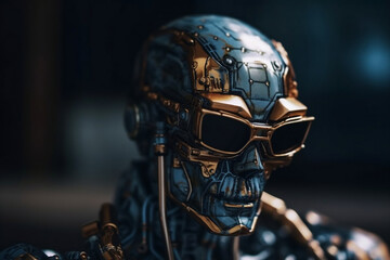 Metal futuristic robot in sunglasses. Robot's face with modern accessories. Futuristic AI robotic humanoid machine, artificial intelligence technology concept. Generative AI Technology.