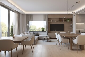 Fototapeta na wymiar living room interior of modern and trendy furniture, plants, and elegant accessories AI-Generated