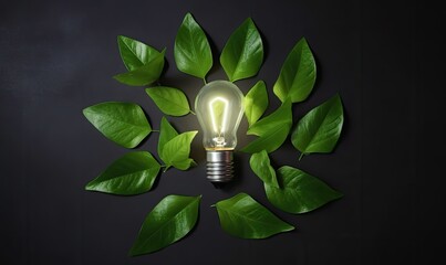 A creative lightbulb design made from sustainable fresh leaves promotes eco-friendliness. Creating using generative AI tools