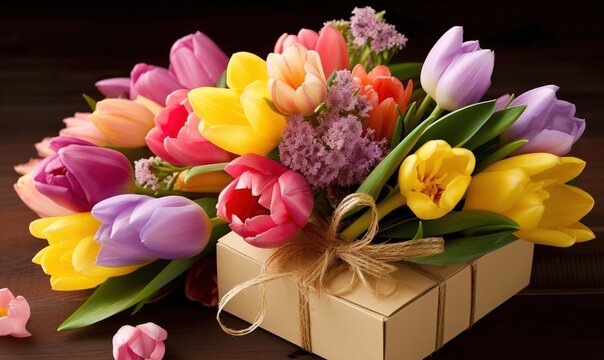 bouquet of multicolored tulips on grey background, in the style of bold color combinations