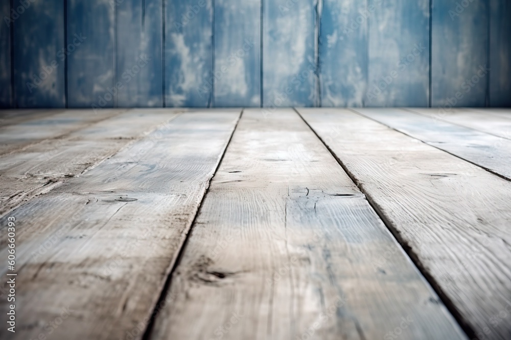 Poster  a wooden floor with a blue wall in the background and a wooden floor in the foreground with a wooden floor in the foreground.  generative ai