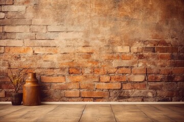  a brown vase sitting on top of a wooden floor next to a brick wall with a plant in it and a vase on the side of the wall.  generative ai