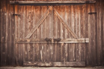  a barn door with a wooden frame on a wooden building with a horse standing in front of the door and looking at the camera man in the distance.  generative ai - obrazy, fototapety, plakaty
