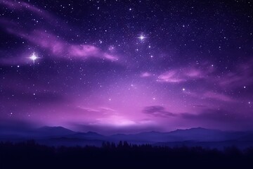  a night sky with stars and clouds and a mountain range in the distance with a purple hue and a purple hue to the bottom of the image.  generative ai