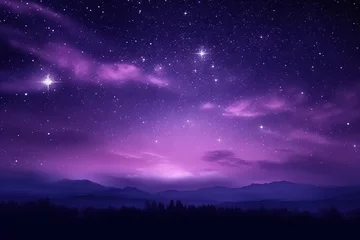 Deurstickers Violet  a night sky with stars and clouds and a mountain range in the distance with a purple hue and a purple hue to the bottom of the image.  generative ai