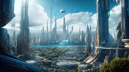 Naklejka na ściany i meble Massive sci-fi megalopolis of future