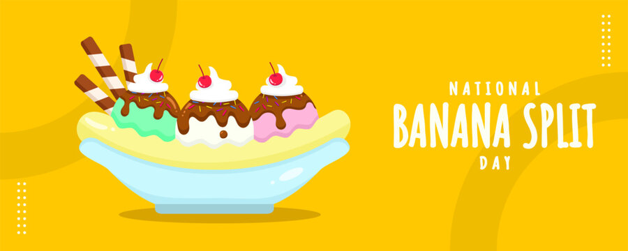 National Banana Split Day on 25 August Banner Background. Banana With Ice Cream, Chocolate, Whipped Cream, Cherries, and Wafer stick in a Bowl. Horizontal Banner Template Design. Vector Illustration