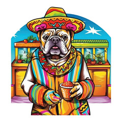 Waiting staff English Bulldog t-shirt design, a Bulldog waiter wearing a sombrero and poncho, serving tacos and margaritas, standing in front of a Mexican cantina, Generative Ai