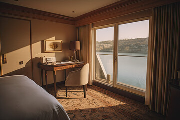 a hotel room with a bed, desk and large window looking out onto the water from it's balcony. Generative Ai