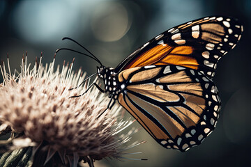 a monarch butterfly resting on a thistle flower, taken from the top down with focus to the wing and wings. Generative Ai