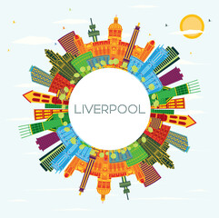Liverpool Skyline with Color Buildings, Blue Sky and Copy Space. Liverpool Cityscape with Landmarks.
