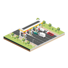 Isometric Toll Road with Trucks and Cars. Payment Checkpoint. Toll Collection Area in the Turnpike.