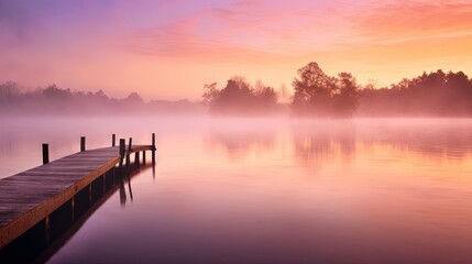 Naklejka na ściany i meble a dock in the middle of a body of water with a pink sky in the background and trees in the foreground and fog in the foreground. generative ai