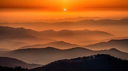Naklejka na ściany i meble the sun is setting over the mountains in the distance, with a hazy sky in the foreground, and a hazy horizon in the background. generative ai