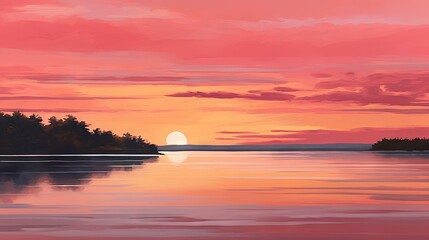 Fototapeta na wymiar a painting of a sunset over a body of water with trees in the foreground and the sun setting in the distance with a pink sky. generative ai