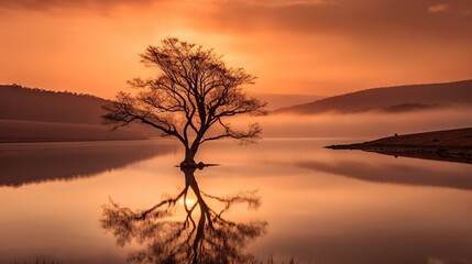 Obraz na płótnie Canvas a lone tree is reflected in the still water of a lake as the sun sets in the distance behind a mountain range with low clouds. generative ai
