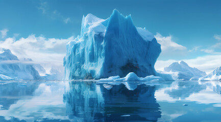 an iceberg floating in the ocean, arctic landscape and blue sky, fictional landscape created with generative ai