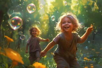 A heartwarming snapshot capturing the pure joy on a child's face as they chase soap bubbles, their laughter echoing through the air like a melody of innocence.