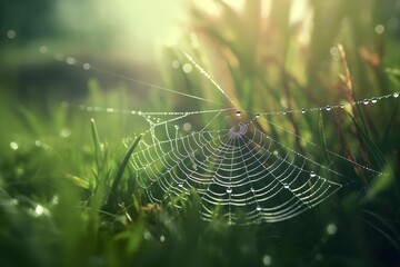 An intriguing close-up shot of a dew-kissed spider's web, delicately showcasing the intricate patterns that nature weaves in its silent tapestry.