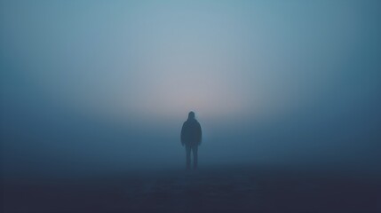 A surreal photograph of a solitary figure standing amidst a dense fog, their silhouette shrouded in mystery, evoking a sense of solitude and introspection.