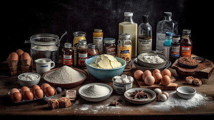 various ingredients on a wooden table with flour, eggs, flour, butter and other items to be used for baking. Generative Ai