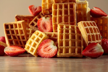 Belgian waffles with strawberries on a beige background.