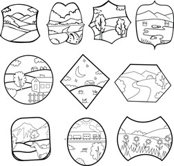 Mountain view stickers in the morning and evening.Vector illustration.Line art