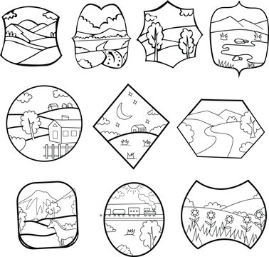 Mountain view stickers in the morning and evening.Vector illustration.Line art