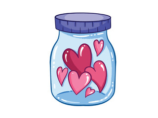 Pink hearts in glass jar with purple lid vector illustration isolated on white horizontal background. Simple and flat outlined cartoon romantic drawing. Love and romance themed artwork.