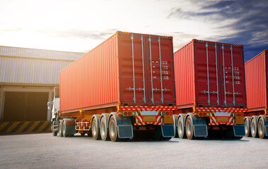 Semi Trailer Trucks on The Parking Lot. Trucks Loading at Dock Warehouse. Shipping Cargo Container...