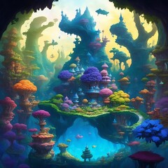 Fantastical landscape filled with enchanting creatures