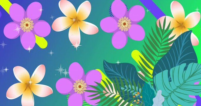 Animation of geometric shapes over flowers, plantation against sparkles against gradient background
