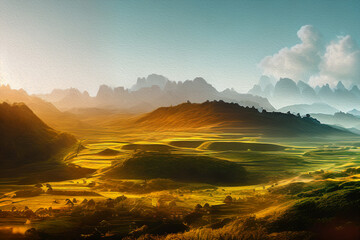 Naklejka na ściany i meble Mountain valley during sunrise. Natural summer landscape
